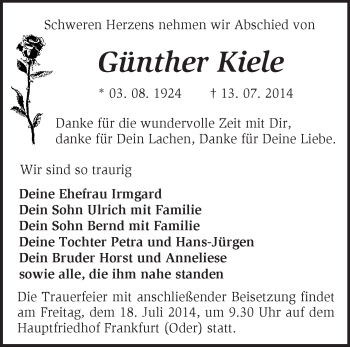 Traueranzeige von Günther Kiele von Märkische Oderzeitung