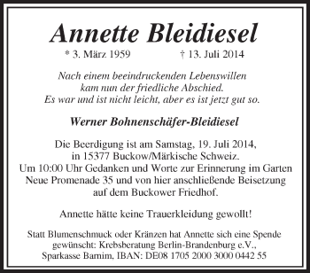 Traueranzeige von Annette Bleidiesel von Märkische Oderzeitung