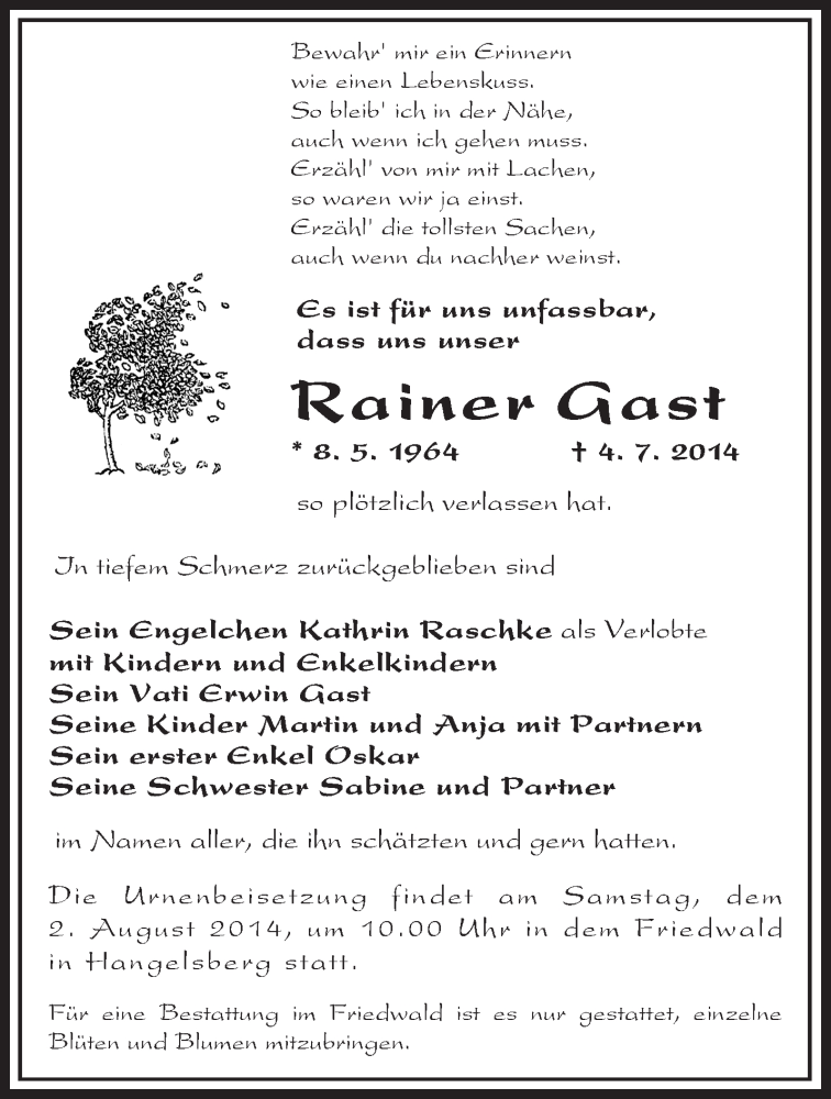  Traueranzeige für Rainer Gast vom 19.07.2014 aus Märkische Oderzeitung