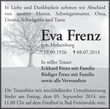 Traueranzeige von Eva Frenz von Märkische Oderzeitung