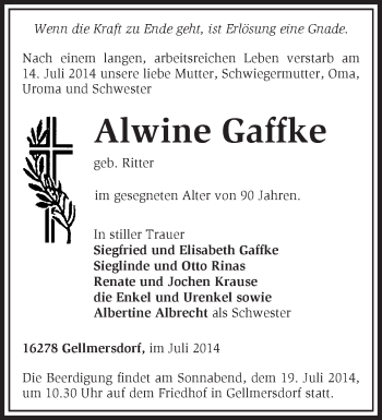 Traueranzeige von Alwine Gaffke von Märkische Oderzeitung