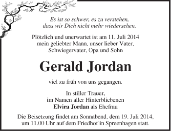 Traueranzeige von Gerald Jordan von Märkische Oderzeitung