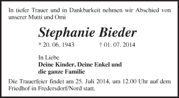 Traueranzeige von Stephanie  Bieder von Märkische Oderzeitung