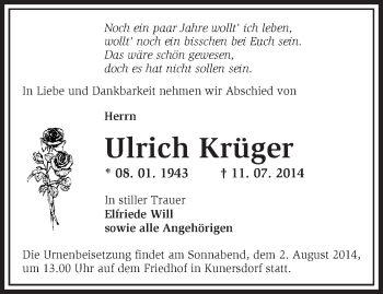 Traueranzeige von Ulrich Krüger von Märkische Oderzeitung