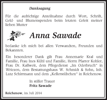 Traueranzeige von Anna Sawade von Märkische Oderzeitung