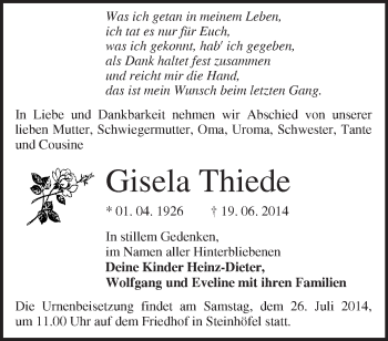 Traueranzeige von Gisela  Thiede von Märkische Oderzeitung