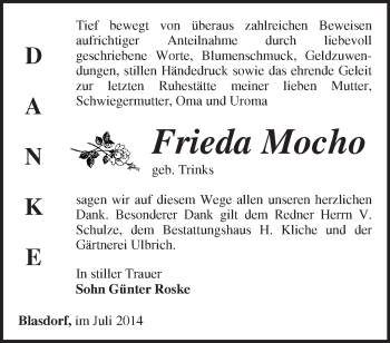 Traueranzeige von Frieda Mocho von Märkische Oderzeitung