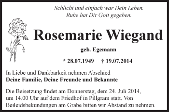 Traueranzeige von Rosemarie Wiegand von Märkische Oderzeitung