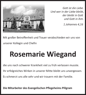 Traueranzeige von Rosemarie Wiegand von Märkische Oderzeitung