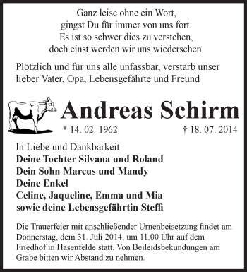 Traueranzeige von Andreas Schirm von Märkische Oderzeitung