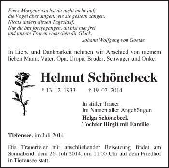 Traueranzeige von Helmut Schönebeck von Märkische Oderzeitung