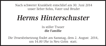 Traueranzeige von Herms Hinterschuster von Märkische Oderzeitung