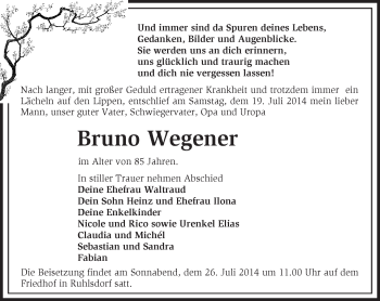 Traueranzeige von Bruno Wegener von Märkische Oderzeitung