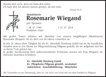 Traueranzeige von Rosemarie Wiegand von Märkische Oderzeitung