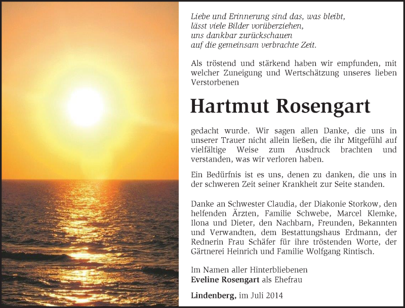  Traueranzeige für Hartmut Rosengart vom 26.07.2014 aus Märkische Oderzeitung