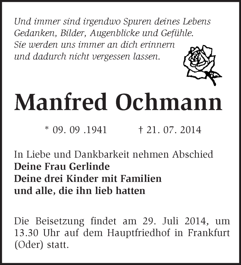  Traueranzeige für Manfred Ochmann vom 26.07.2014 aus Märkische Oderzeitung