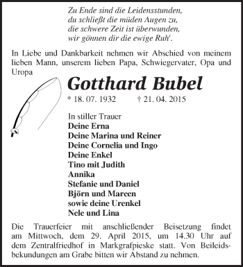 Traueranzeige von Gotthard Bubel von Märkische Oderzeitung