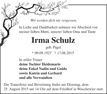 Traueranzeige von Irma Schulz von Märkische Oderzeitung