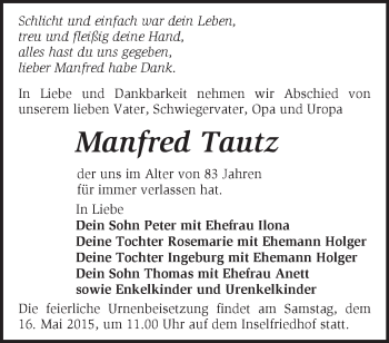 Traueranzeige von Manfred Tautz von Märkische Oderzeitung