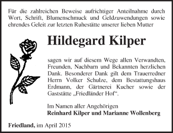 Traueranzeige von Hildegard Kilper von Märkische Oderzeitung