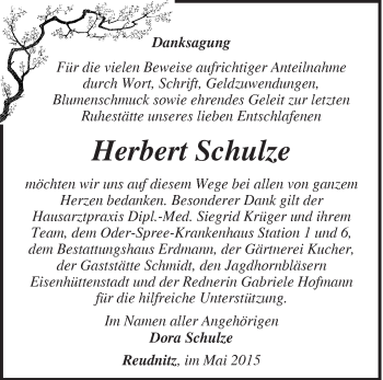 Traueranzeige von Herbert Schulze von Märkische Oderzeitung