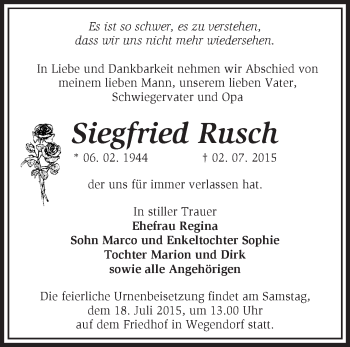 Traueranzeige von Siegfried Rusch von Märkische Oderzeitung