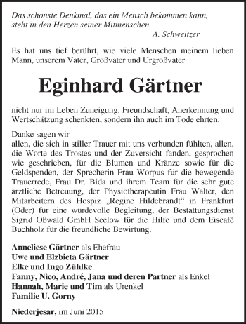 Traueranzeige von Eginhard Gärtner von Märkische Oderzeitung