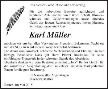 Traueranzeige von Karl Müller von Märkische Oderzeitung