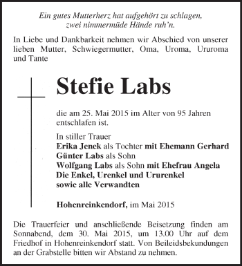 Traueranzeige von Stefie Labs von Märkische Oderzeitung