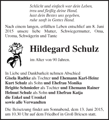 Traueranzeige von Hildegard Schulz von Märkische Oderzeitung