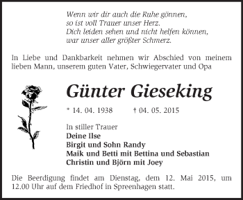 Traueranzeige von Günter Gieseking von Märkische Oderzeitung