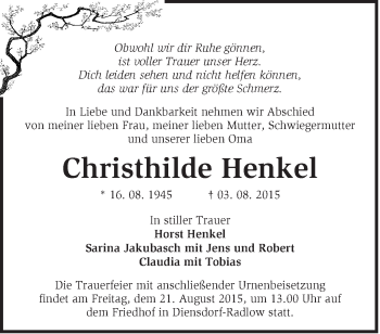 Traueranzeige von Christhilde Henkel von Märkische Oderzeitung