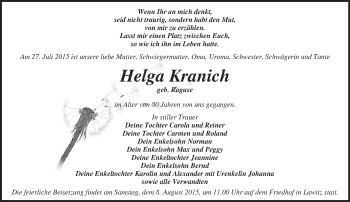 Traueranzeige von Helga Kranich von Märkische Oderzeitung