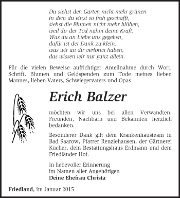 Traueranzeige von Erich Balzer von Märkische Oderzeitung