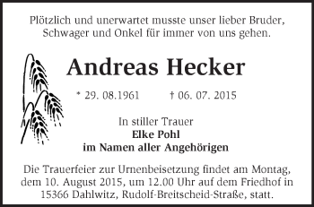 Traueranzeige von Andreas Hecker von Märkische Oderzeitung