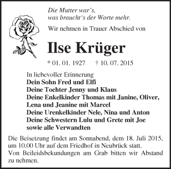 Traueranzeige von Ilse Krüger von Märkische Oderzeitung