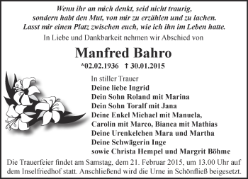 Traueranzeige von Manfred Bahro von Märkische Oderzeitung