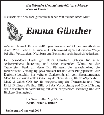 Traueranzeige von Emma Günther von Märkische Oderzeitung