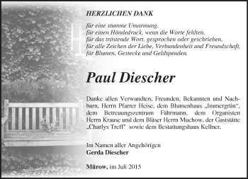 Traueranzeige von Paul Diescher von Märkische Oderzeitung