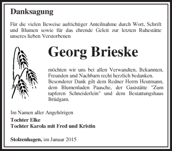 Traueranzeige von Georg Brieske von Märkische Oderzeitung