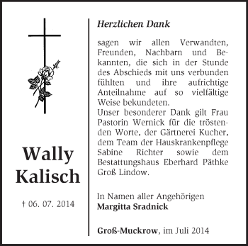 Traueranzeige von  Wally Kalisch von Märkische Oderzeitung