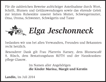 Traueranzeige von Elga Jeschonneck von Märkische Oderzeitung