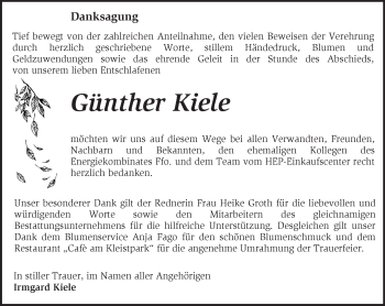 Traueranzeige von Günther Kiele von Märkische Oderzeitung