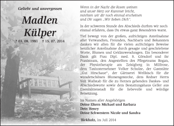 Traueranzeige von Madlen Külper von Märkische Oderzeitung