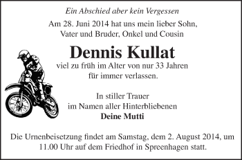 Traueranzeige von Dennis Kullat von Märkische Oderzeitung