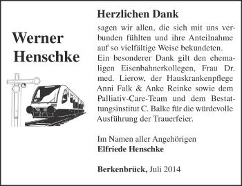 Traueranzeige von Werner  Henschke von Märkische Oderzeitung