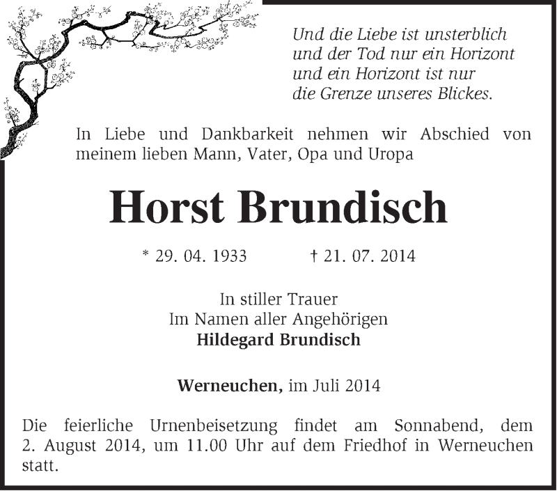  Traueranzeige für Horst Brundisch vom 26.07.2014 aus Märkische Oderzeitung