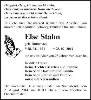 Traueranzeige von Else  Stahn von Märkische Oderzeitung