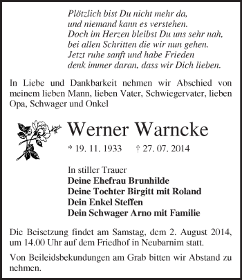 Traueranzeige von Werner Warncke von Märkische Oderzeitung