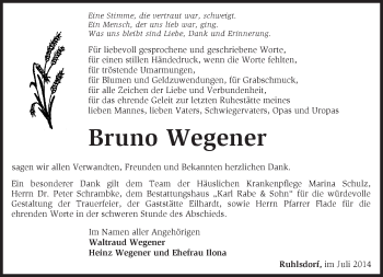 Traueranzeige von Bruno Wegener von Märkische Oderzeitung